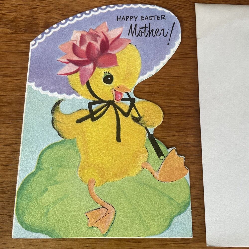 Vtg Rust Craft Duck Spring Flocked Happy Easter Mother Greeting Card